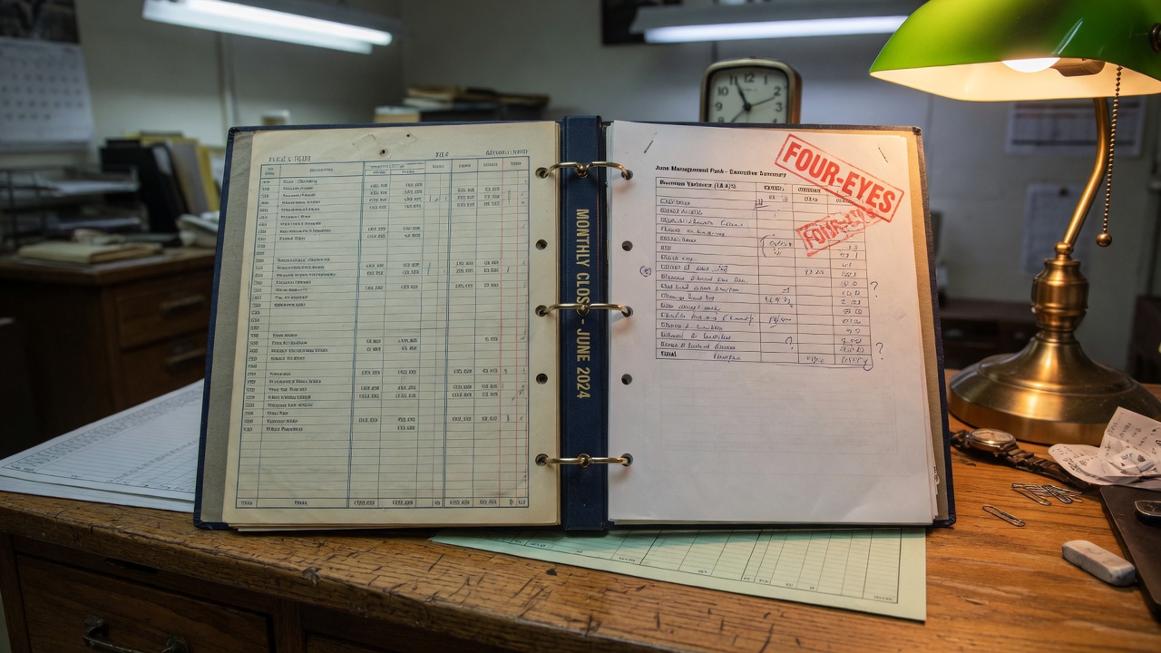 Open monthly close binder on an oak desk: navy cloth spine with gold title, cream ledger pages, brass rings, and a FOUR-EYES stamp.